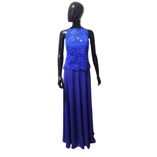 Vestido Longo Poliéster Azul Marinho Tomara que Caia Top Tela Renda Azul Royal Miçangas Regata - Tam.: 40 - Mottive - Cod. 010003