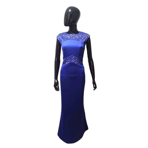 Vestido Longo Lycra Azul Marinho Top Lycra Vazada Corte a Laser Fundo Tela  Stretch Bege Sem Manga - Tam.: 38 - Cachet - Cod. 010002