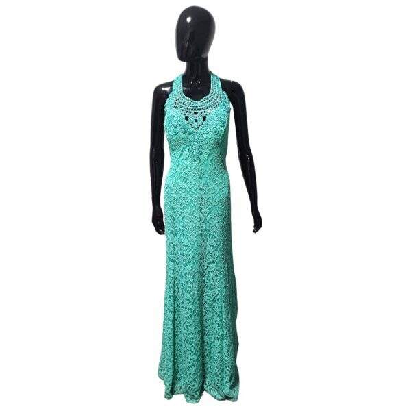 Vestido Longo Renda Verde Água Canutilhos Verde Água Alça - Tam.: EXG - Bi Bian - Cod. 010018