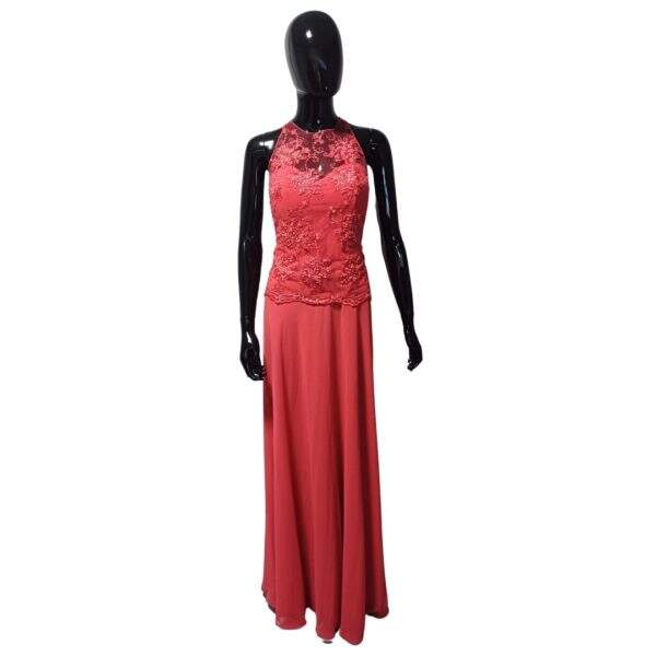 Vestido Longo Poliéster Vermelho Goiaba Bojo Top Rende Vermelha Canutilhos e Miçangas Regata - Tam.: P - Mottive - Cod. 010024