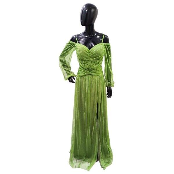 Vestido Longo Poliester Verde Musgo Top Alça Bojo Cintura Transpassada Glitter Manga Longa - Tam.: M - Cod. 010046