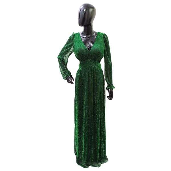 Vestido Longo Poliester Verde Escuro Decote V Bojo Vazado na  Rajado de Gliter Manga Longa - Tam.: G - Cod. 010050