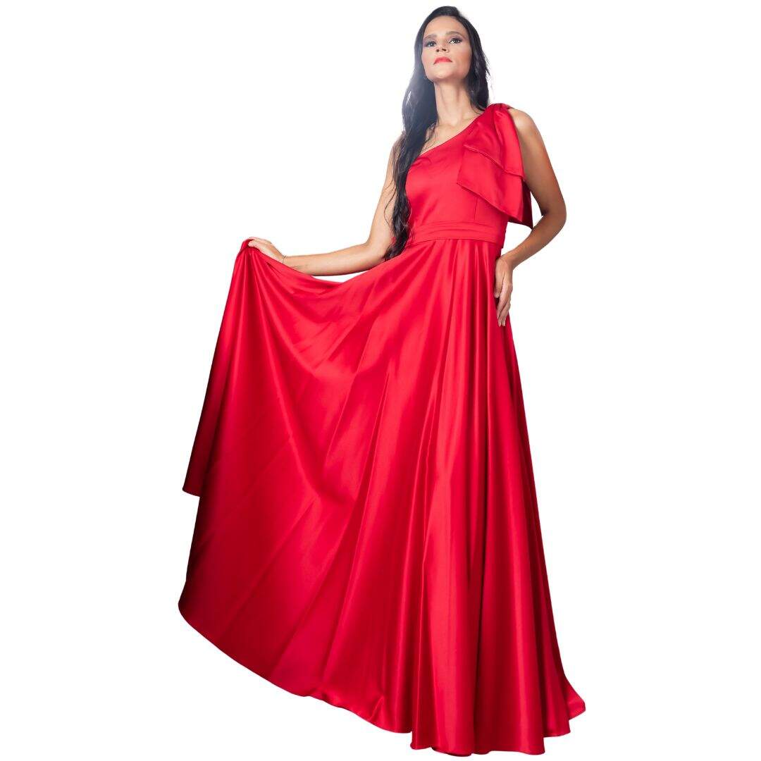 Vestido Longo Vermelho de Um Ombro com Detalhe Drapeado